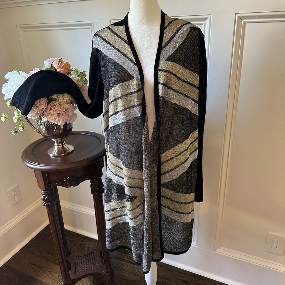 Chico’s evening wear, knee length cardigan, black, silver, gold, sz 2